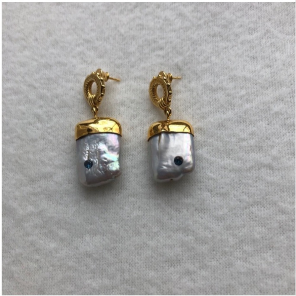 24K Gold-Plated Baroque Pearl Drop Earrings with Blue Accent